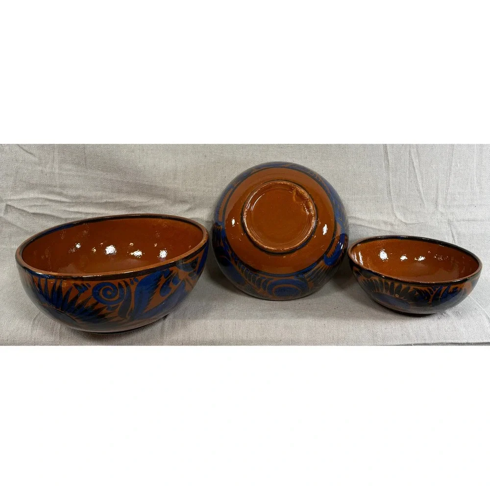 Vintage Handmade Mexican Tonala Pottery Nesting Bowls Set of 3 Terracotta Blue